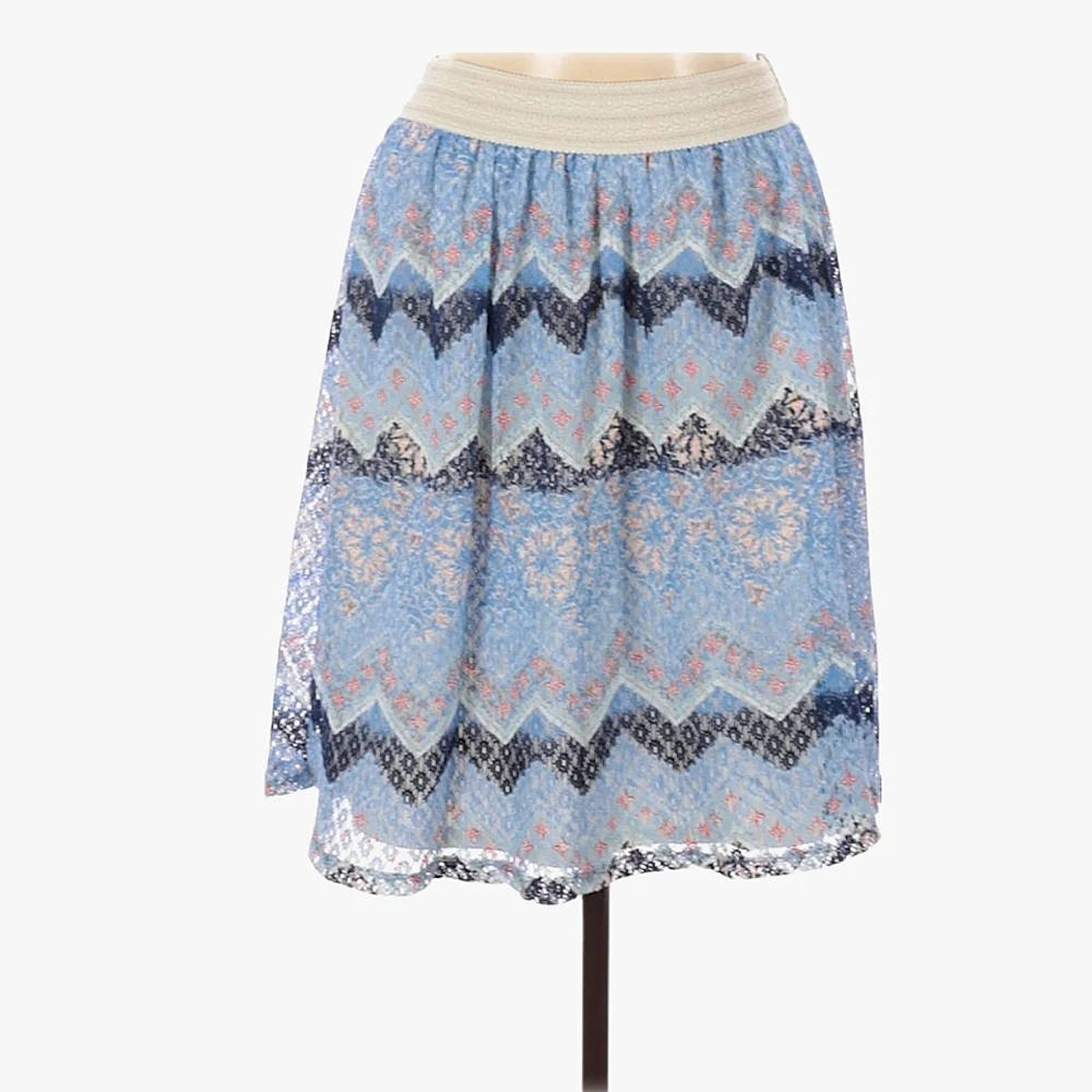 GNW A-line Skirt Size L Blue Ivory Chevron Herringbone Pattern Boho Knee‎ Length